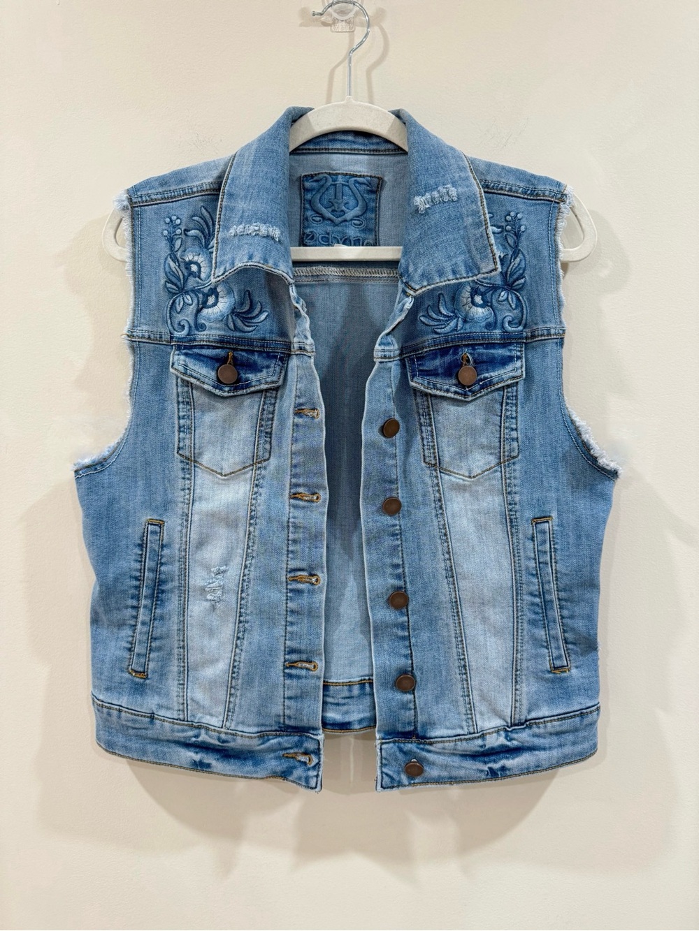 ODYN Embroidered Floral Denim Vest Size L Distressed Boho Western